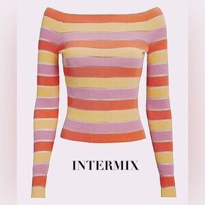 INTERMIX Delia Striped Knit Long Sleeve Top Pastel Mesh Shirt